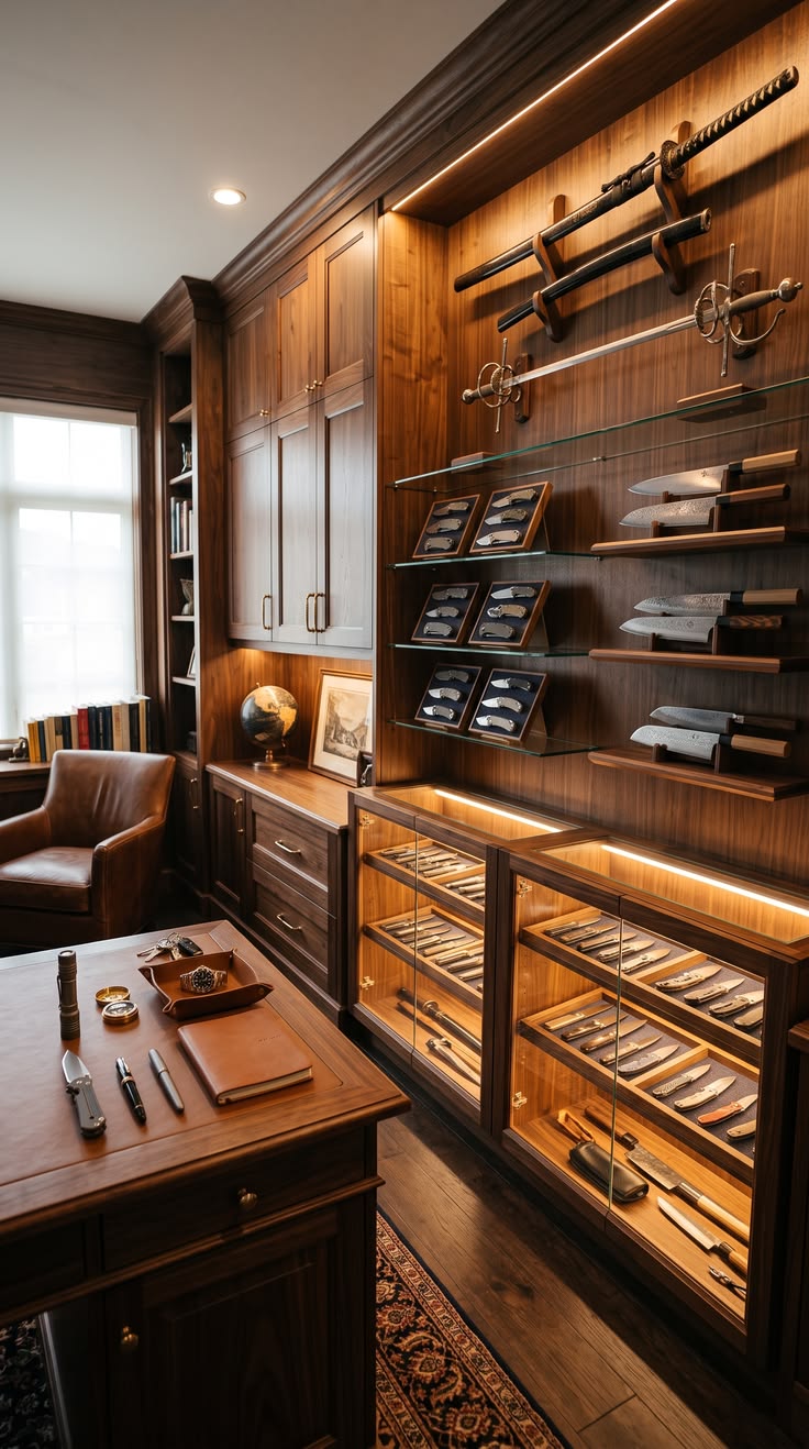 Wood-panelled collection room with illuminated glass cabinets displaying knives and swords