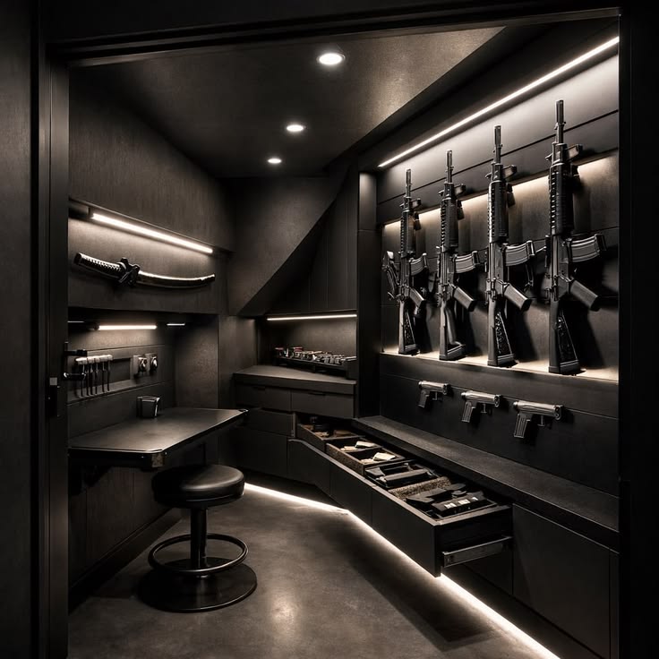 Contemporary gun room with charcoal cabinetry, illuminated displays, and fitted storage drawers
